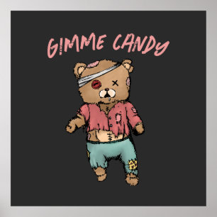 Cute Rosa Nalle Zombie Gimme Candy Halloween Poster