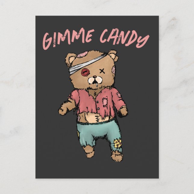 Cute Rosa Nalle Zombie Gimme Candy Halloween Vykort (Framsida)