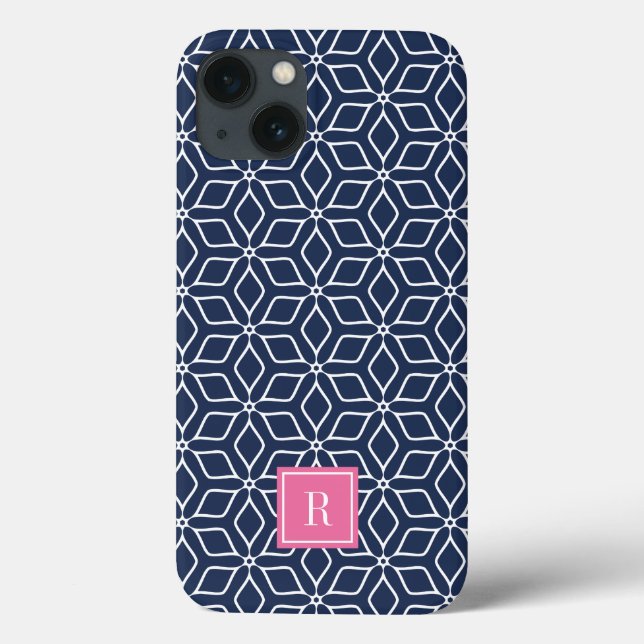 Cute Rosa & Navy Geometric Mönster Monogram (Baksida)