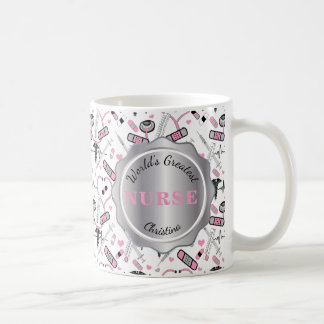 Cute Rosa Nurse | Doktor EKG Caduceus Mönster Namn Kaffemugg