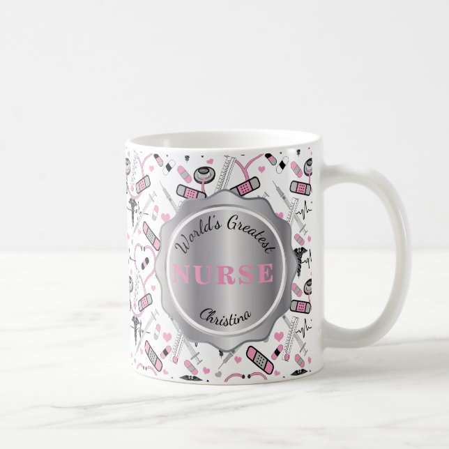 Cute Rosa Nurse | Doktor EKG Caduceus Mönster Namn Kaffemugg (Höger)