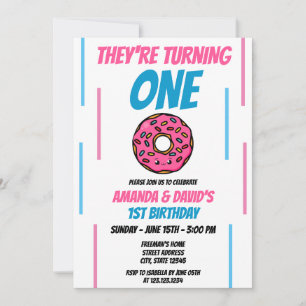 Cute Rosa och Blue Donut Twin Joint 1:a födelsedag Inbjudningar