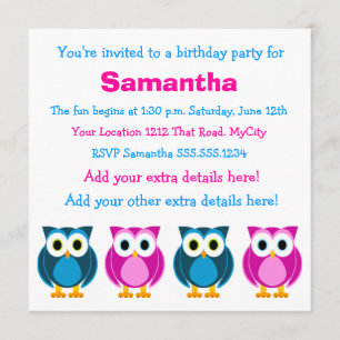 Cute Rosa och Blue Uggla Birthday bjudande Inbjudningar