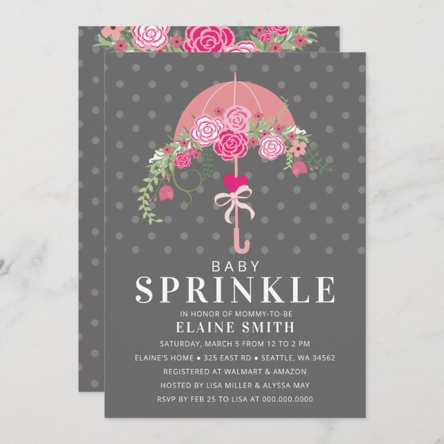 Cute Rosa och Grått Blommigt Paraplla Baby Shower Inbjudningar (Fram/baksida)