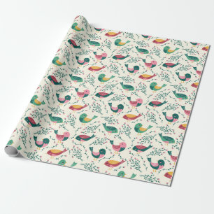 Cute Rosa och Grönt Birds Botaniska Mönster Presentpapper