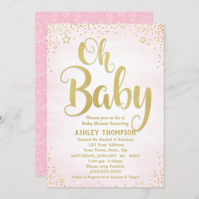 Cute Rosa och Guld Oh Baby Stars Baby Shower Inbjudningar (Fram/baksida)