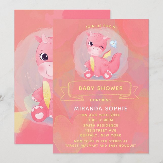 Cute Rosa och Gult Dinosaur Girl Baby Shower Inbjudningar (Fram/baksida)
