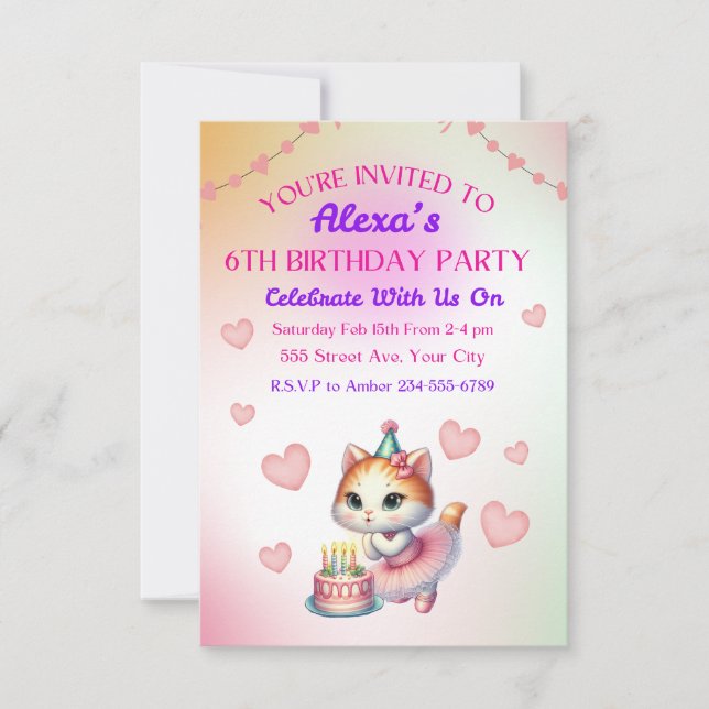 Cute Rosa och Lila Ballerina Kitten Birthday Inbjudningar (Framsida)