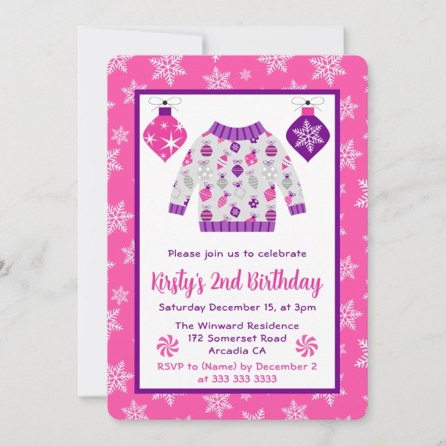 Cute Rosa och Lila Juldagen Jumper födelsedag Inbjudningar (Framsida)