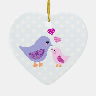 Cute rosa och lila mor och barnfåglar julgransprydnad keramik