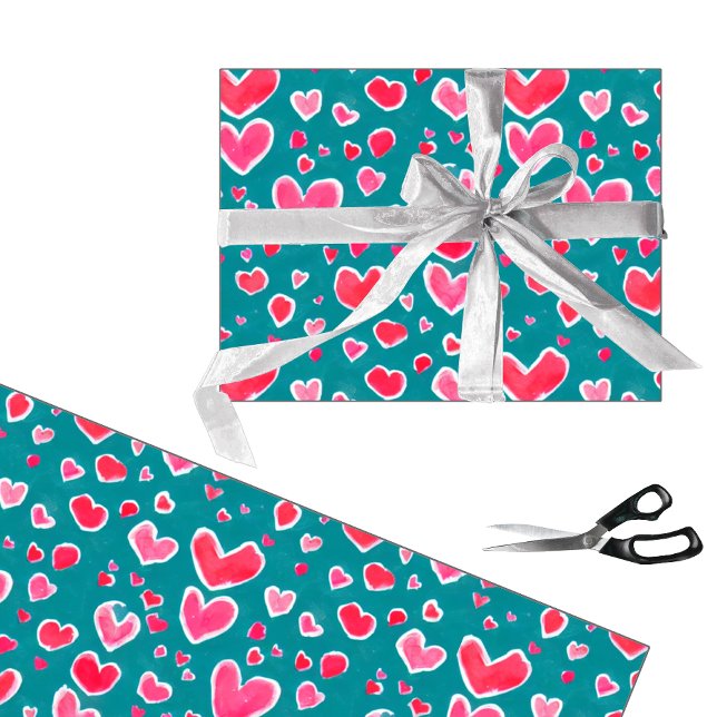Cute rosa och röda vattenfärgshjärtan mönster presentpapper (Skapare uppladdad)