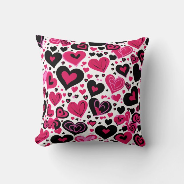 Cute Rosa och svart Hearearts Kudde (Framsida)