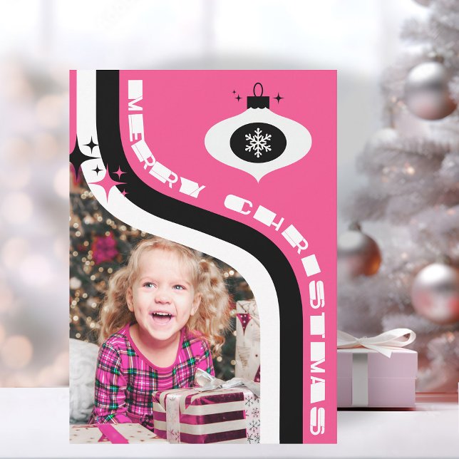Cute Rosa och svart Retro God jul Julkort (custom photo Christmas card retro merry Christmas card pink and black)