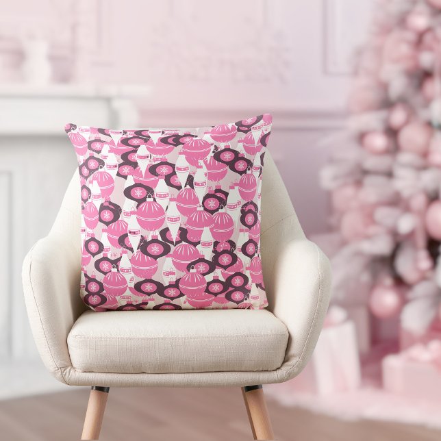 Cute Rosa och svart Retro God jul Kudde (pretty pink and black festive merry Christmas throw pillow)