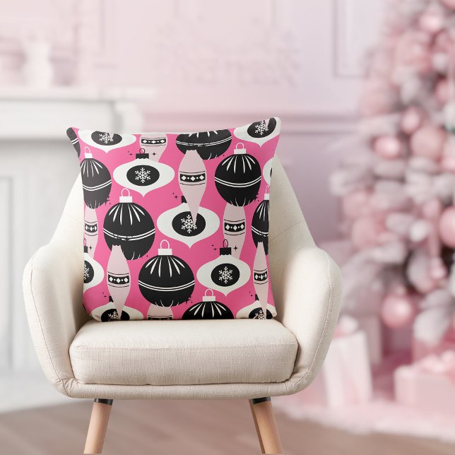 Cute Rosa och svart Retro God jul Kudde (pretty pink and black festive merry Christmas throw pillow)