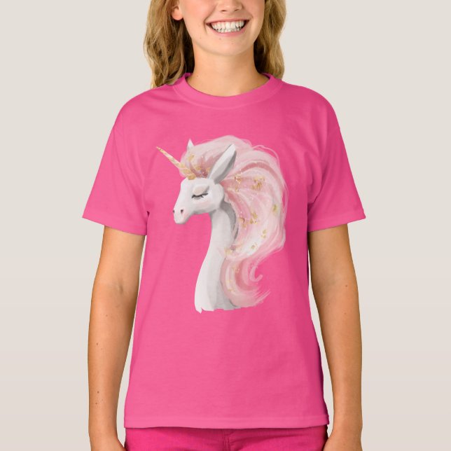 Cute Rosa och White Unicorn T Shirt (Framsida)