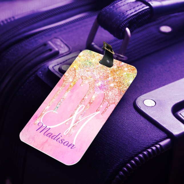 Cute Rosa orange Unicorn Glitter Drives monogram Bagagebricka (Skapare uppladdad)