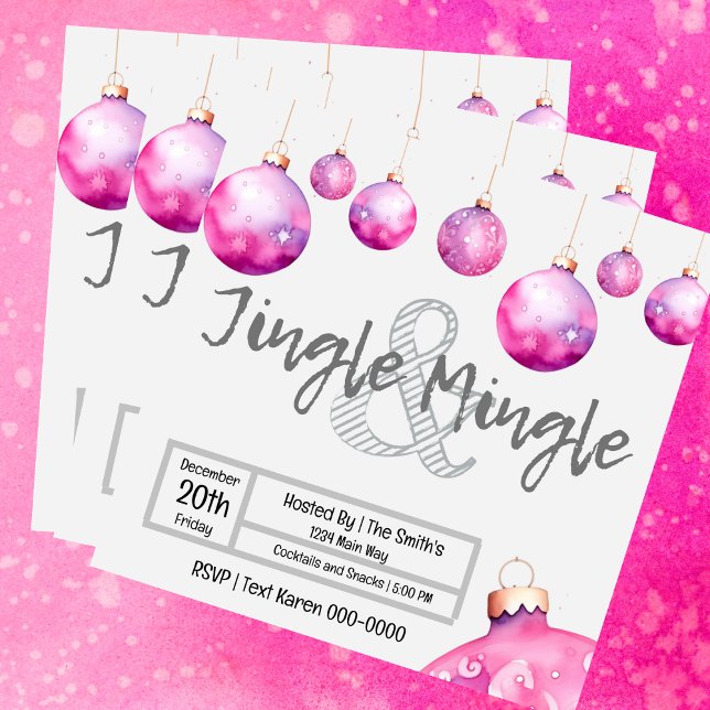 Cute Rosa Ornaments Jingle och Mingle Inbjudningar (Fun pink bauble Jingle and Mingle Christmas Party invitation you can fully customize
)