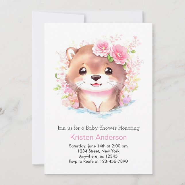 Cute Rosa Otter och Wildblommor Girl Baby Shower Inbjudningar (Framsida)