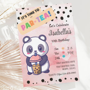 Cute Rosa Panda Boba Tea Birthday-inbjudan Inbjudningar