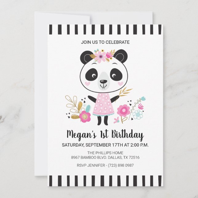 Cute Rosa Panda Girls 1:a födelsedag Party Inbjudningar (Framsida)