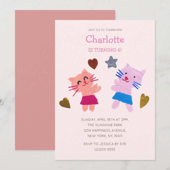Cute  Rosa Papper kollage katter och presentfödels Inbjudningar (Fram/baksida)