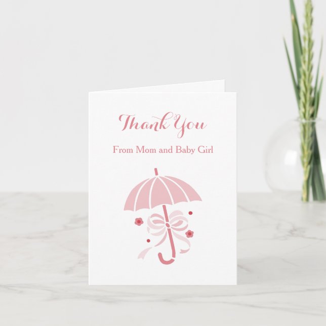 Cute Rosa Paraplla och Bow Baby Shower Tack Kort (Framsida)