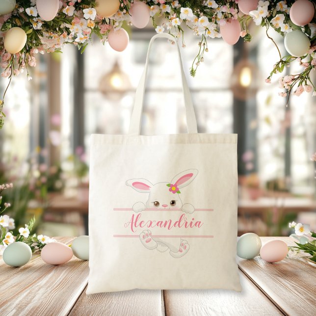Cute Rosa Påskhare Personlig Girl Tygkasse (Cute Pink Easter Bunny Personalized Girl Tote Bag)