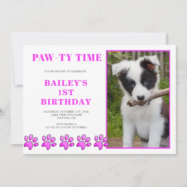 Cute Rosa Pawty Time, Hund Birthday-inbjudan Inbjudningar (Framsida)