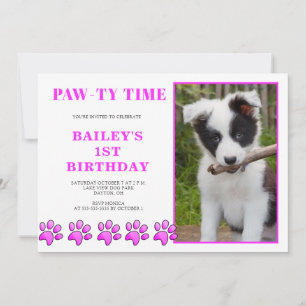 Cute Rosa Pawty Time, Hund Birthday-inbjudan Inbjudningar