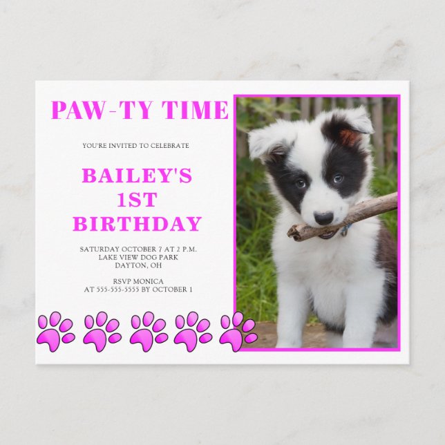 Cute Rosa Pawty Time, Hund Birthday-inbjudan Vykort (Framsida)