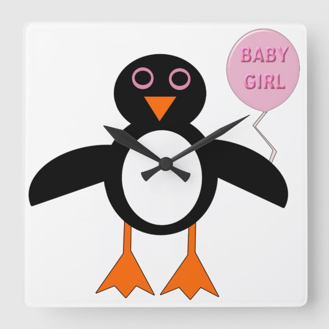 Cute Rosa Pemguin Wall Clock Flicka Fyrkantig Klocka (Framsida)