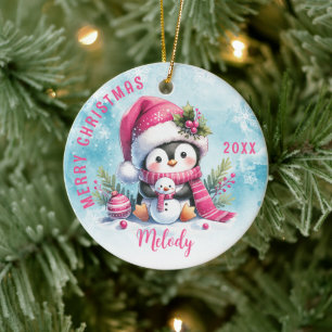 Cute Rosa Penguin Girl First Namn God jul Julgransprydnad Keramik