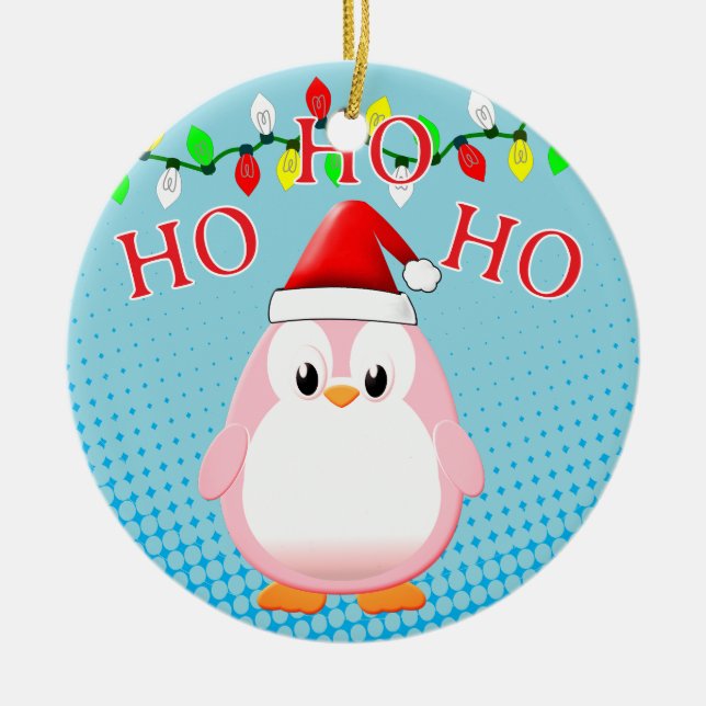 Cute Rosa Penguin Santa Hat jul Ljus Julgransprydnad Keramik (Framsidan)