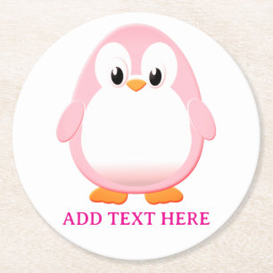 Cute Rosa Penguin Tecknad Anpassningsbar Underlägg Papper Rund