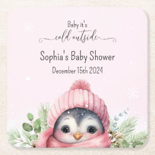 Cute Rosa Penguin Winter Baby Shower Underlägg Papper Kvadrat