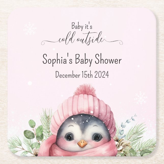 Cute Rosa Penguin Winter Baby Shower Underlägg Papper Kvadrat (Framsidan)