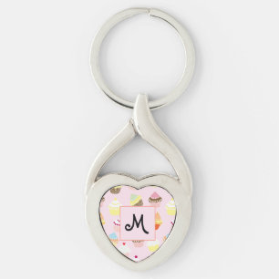 Cute Rosa Personlig Dessert Cupcoa Twisted Heart Silverfärgad Nyckelring