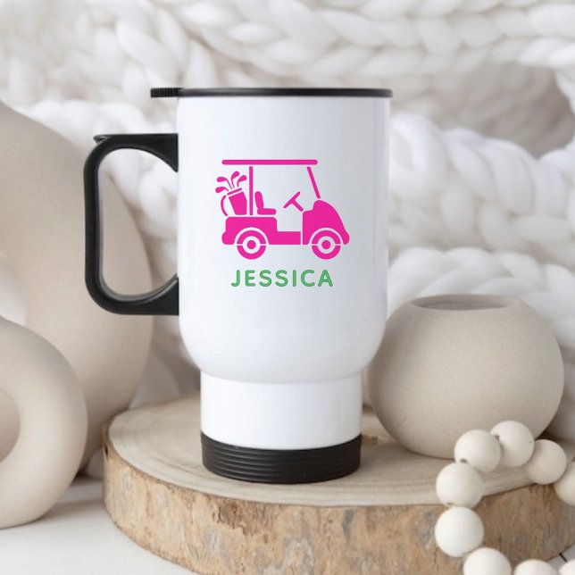 Cute Rosa Personlig Golf Cart Resemugg (Cute Pink Personalized Golf Cart Travel Mug)