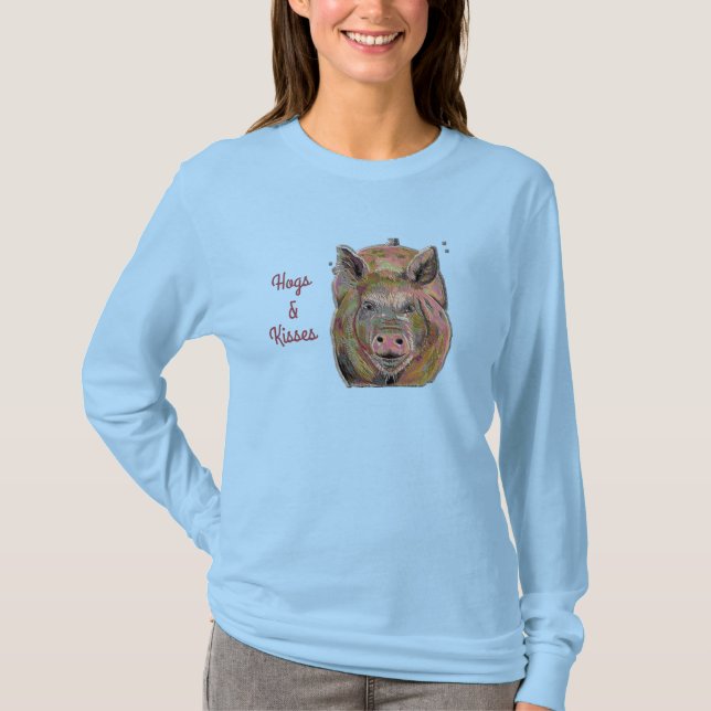Cute Rosa Piggy Hogs and Kisses Pastel Teckning T Shirt (Framsida)