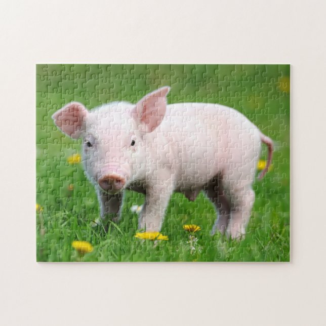 Cute Rosa Piglet och Dandelion Flowers Pussel (Horisontell)