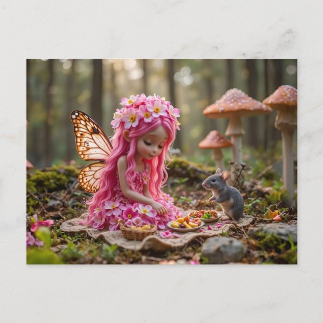 Cute Rosa Pixie och mus Picnic Vykort (Framsida)