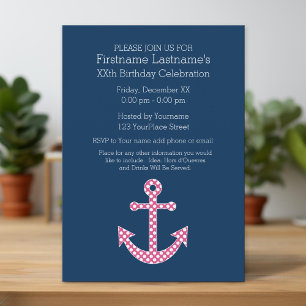 Cute Rosa Polka Dot Anchor-Födelsedagsfest Inbjudningar
