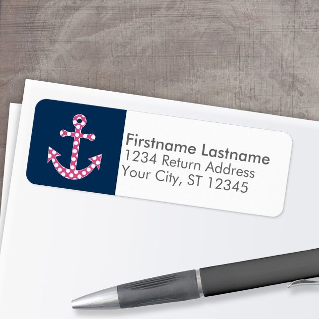 Cute Rosa Polka Dot Anchor Navy - Returadress Etikett (Custom Return Address Labels - Low Minimum)