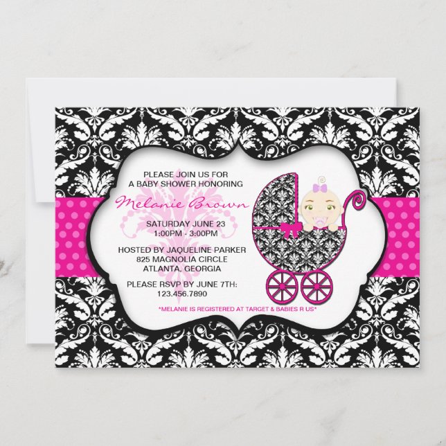 Cute Rosa Polka Dot Damask Baby Shower Inbjudan (Framsida)