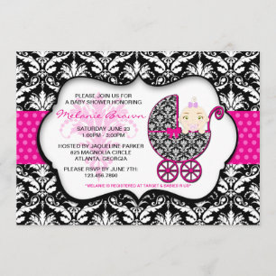 Cute Rosa Polka Dot Damask Baby Shower Inbjudan