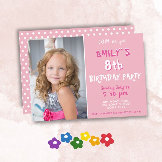 Cute Rosa Polka Dot Girl Photo Birthday Inbjudningar (Skapare uppladdad)