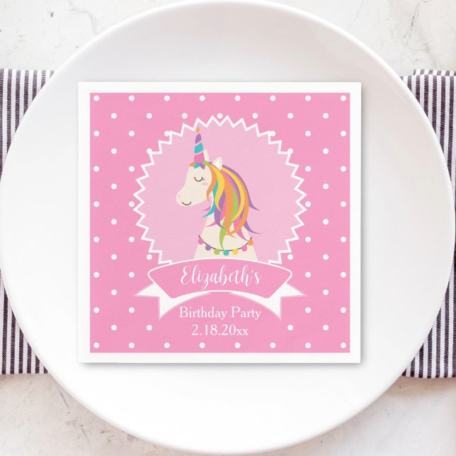 Cute Rosa Polka dots Magic Unicorn Girl Birthday Pappersservett (Skapare uppladdad)