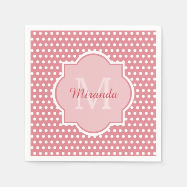 Cute Rosa Polka dots med Monogram och Namn Pappersservett (Framsidan)