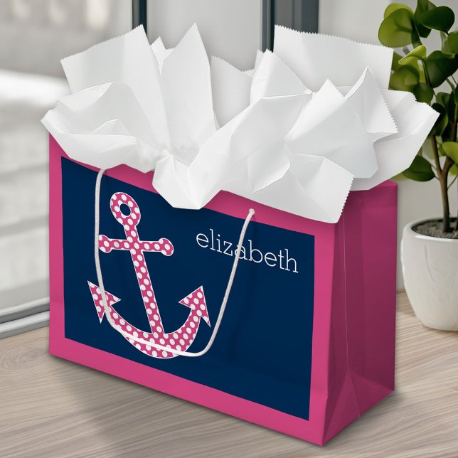 Cute Rosa Polka-punktfästpunkt med eget namn i flo (Custom Personalized Gift Bag)